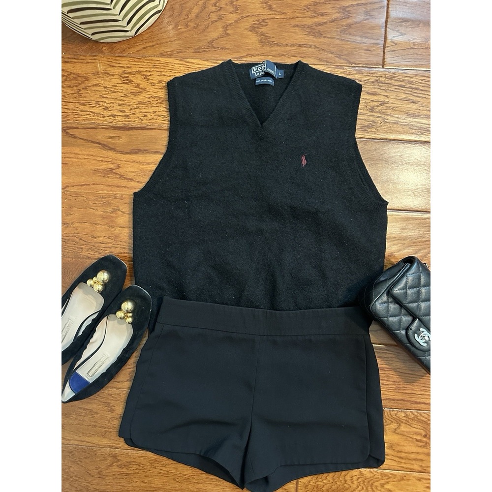 Vintage Polo Ralph Lauren Lambswool V Neck Sweater Vest Large Black Red Pony